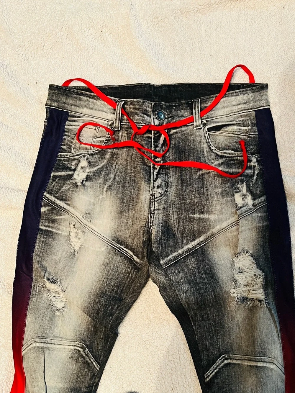 Focus NWOT Slim Fit Blue Distressed Jeans with Red & Purple Stripe - Picture 11 of 13